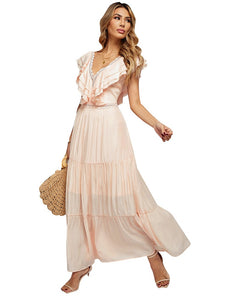 Floral Lace Elegant V Neck White Maxi Dress With Hollow Short Sleeves***True to Size