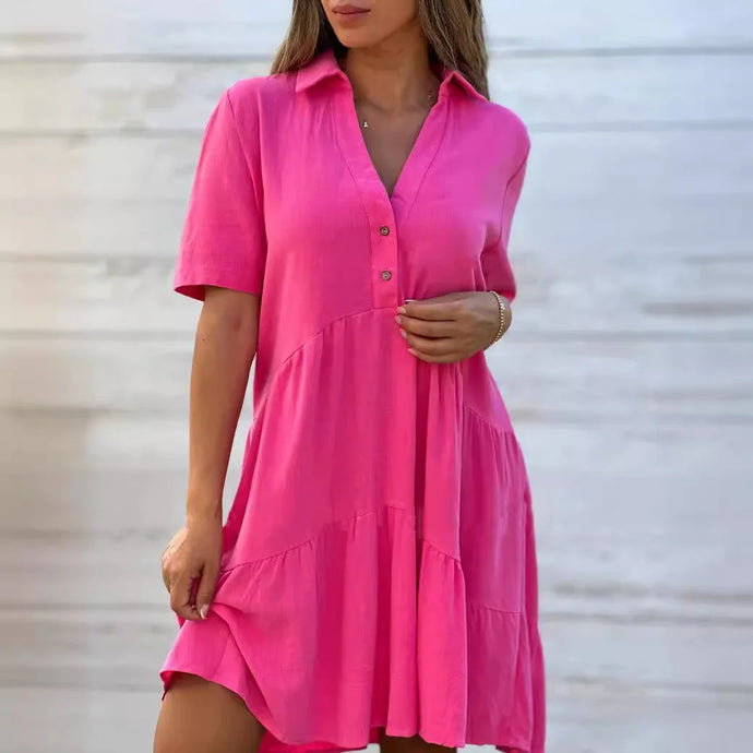 Solid Dress V Neck Short Sleeve Button Ruffles Lapel Cotton Casual Loose Beach Short Dresses