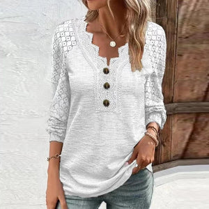 Solid V Neck Lace Patchwork Button Long Sleeve T Shirt