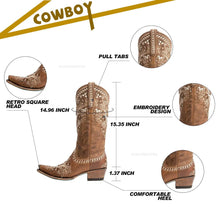 Load image into Gallery viewer, BONJOMARISA Platform Chunky Cowboy Embroidery Slip On Western Boots Floral Casual Leisure Riding Boots