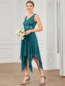 Elegant Evening Dresses Women Chiffon lace V Neck Sleeveless Asymmetrical Knee-Length Dress