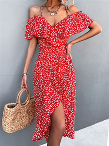 WAYOFLOVE Off Shoulder Ruffles Casual Beach Print Dress