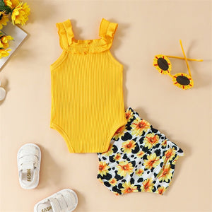 0-12M Baby Girl Summer Outfit Solid Rib Knit Frills Sleeveless Romper Flower/Watermelon Print Bow Shorts
