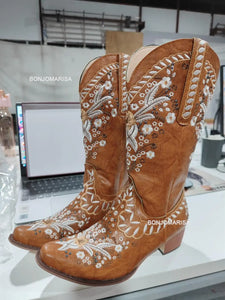 BONJOMARISA Platform Chunky Cowboy Embroidery Slip On Western Boots Floral Casual Leisure Riding Boots