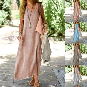 V Neck Sleeveless Tank Long Dress Solid Color Beach Cotton Linen Casual Loose Sundress