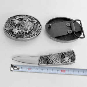 Retro Metal Carving Belt Buckle With Embedded Knife Fit 3.8CM-4CM Belt