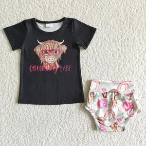 Western Short Sleeves Cow Print T Shirt and Bummie Shorts 3-24 months