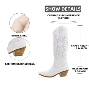 BONJOMARISA White Western Boots Embroidered Knee-High Boots