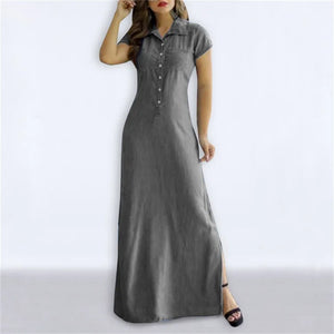 Loose Denim Vintage Button Pocket Short Sleeve Summer Party Elegant Maxi Dresses