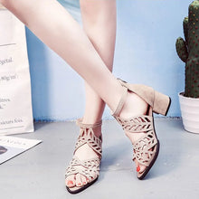 Load image into Gallery viewer, Hollow Out Faux Leather Rhinestones Thick Heel Zipper Sandals Shoes