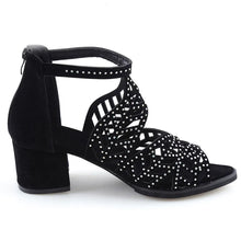 Load image into Gallery viewer, Hollow Out Faux Leather Rhinestones Thick Heel Zipper Sandals Shoes