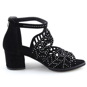 Hollow Out Faux Leather Rhinestones Thick Heel Zipper Sandals Shoes