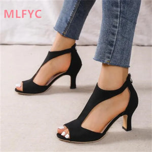 Simple and fashionable back zipper fish mouth shoes summer side stiletto Roman sandals