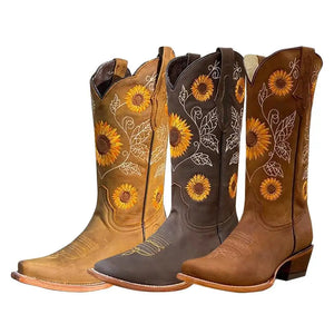 Embroidered Boots PU Leather Printed Western Cowboy Boots Deep V-mouth High Tube Casual