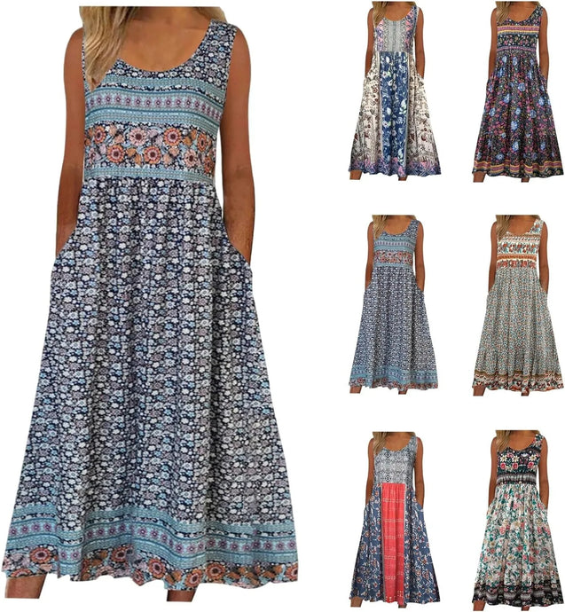 sleeveless Bohemian floral casual beach sundress with pockets flowing and loose