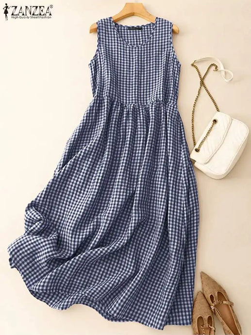 ZANZEA Summer Plaid Checked Sundress Bohemian Elegant O Neck Sleeveless Casual Dress