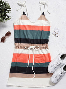 Casual Spaghetti Strap Striped V Neck Sling Drawstring Belt Sleeveless Dress with Pockets**Order One size up for best fit