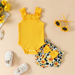 0-12M Baby Girl Summer Outfit Solid Rib Knit Frills Sleeveless Romper Flower/Watermelon Print Bow Shorts