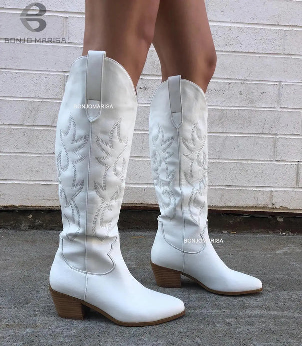 BONJOMARISA White Western Boots Embroidered Knee-High Boots