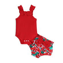 Load image into Gallery viewer, 0-12M Baby Girl Summer Outfit Solid Rib Knit Frills Sleeveless Romper Flower/Watermelon Print Bow Shorts