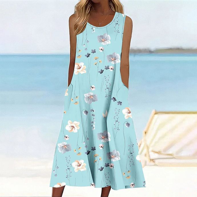 PLUS SIZESleeveless Print Casual Dress with pockets