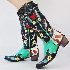 BONJOMARISA Western Cowboy Boots Mid-Calf Retro Embroidered Slip-On Chunky Casual Boots