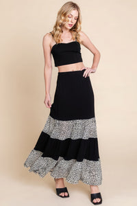 Long Tiered Contrast Fashion Skirt With Velvet Animal Print Mesh
