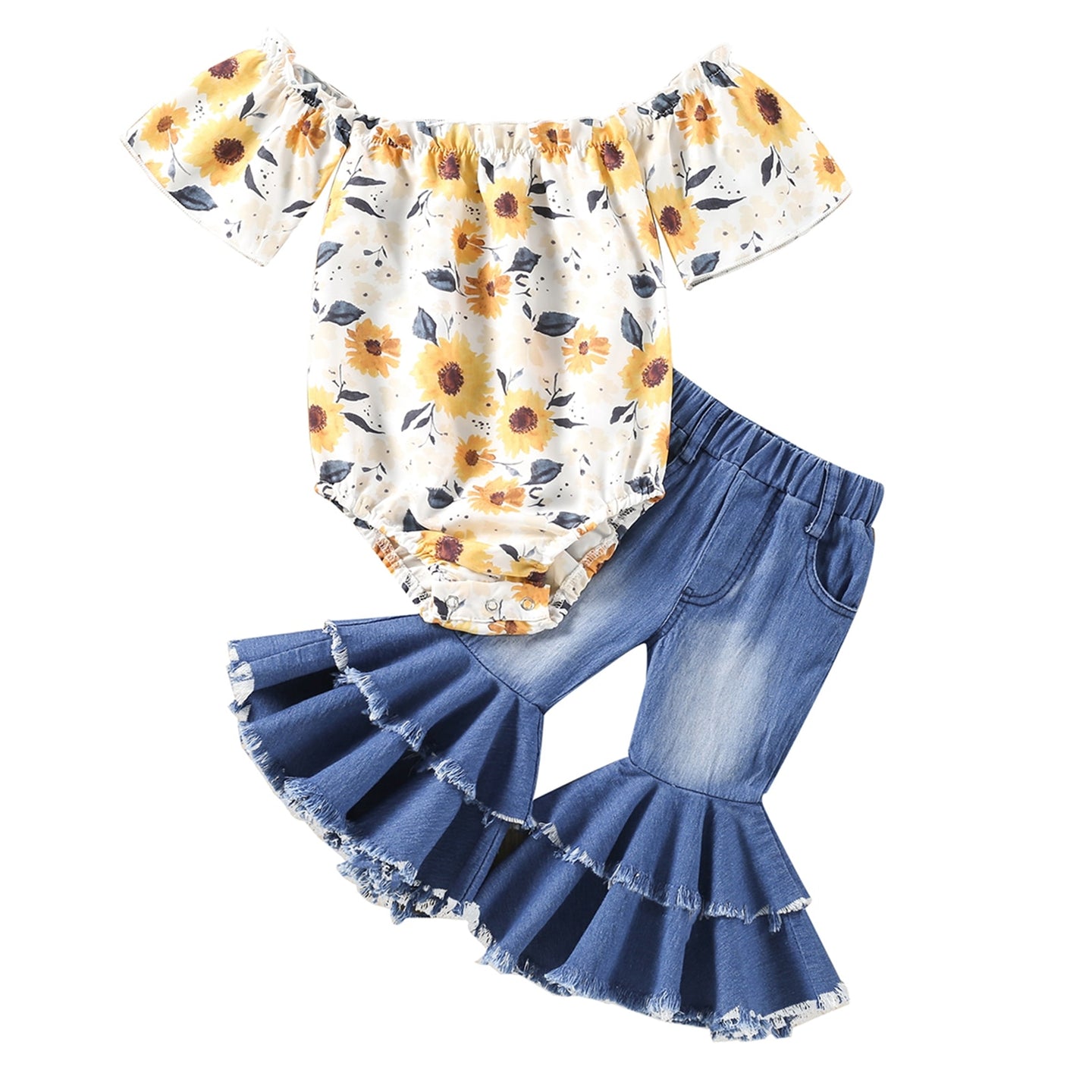 0-18M Newborn Baby Girl 2Pcs Summer Fashion Clothing Yellow Sunflower Bodysuit Denim Flared Pants