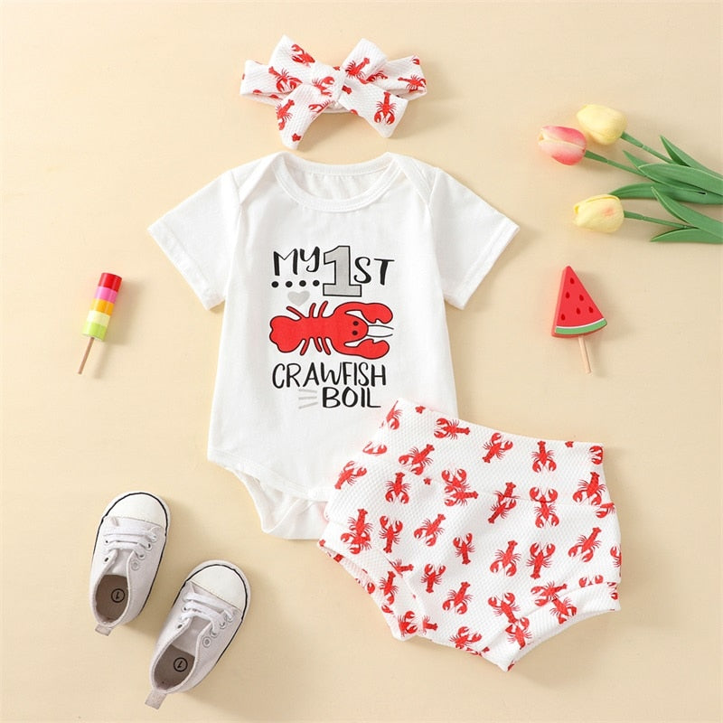0-18M Baby Girl Clothes Suits Letter Print Short Sleeve Bodysuit Crayfish Print Elastic Waist Shorts Bow