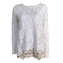 Load image into Gallery viewer, Crochet Lace Tees Vintage Full Long Sleeve up to 5XL ***Lace on front only t shirt material on back.  Order 1size up for loose fit