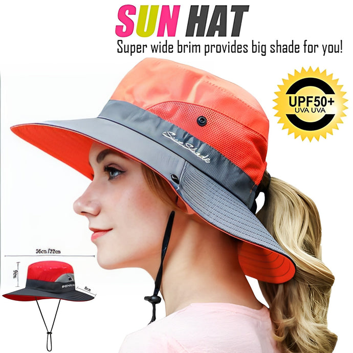 Ponytail Sun Hat Outdoor UV Protection Foldable Mesh Wide Brim Beach Fishing Hat Summer Wide Brim Bob Hiking Bucket Hat